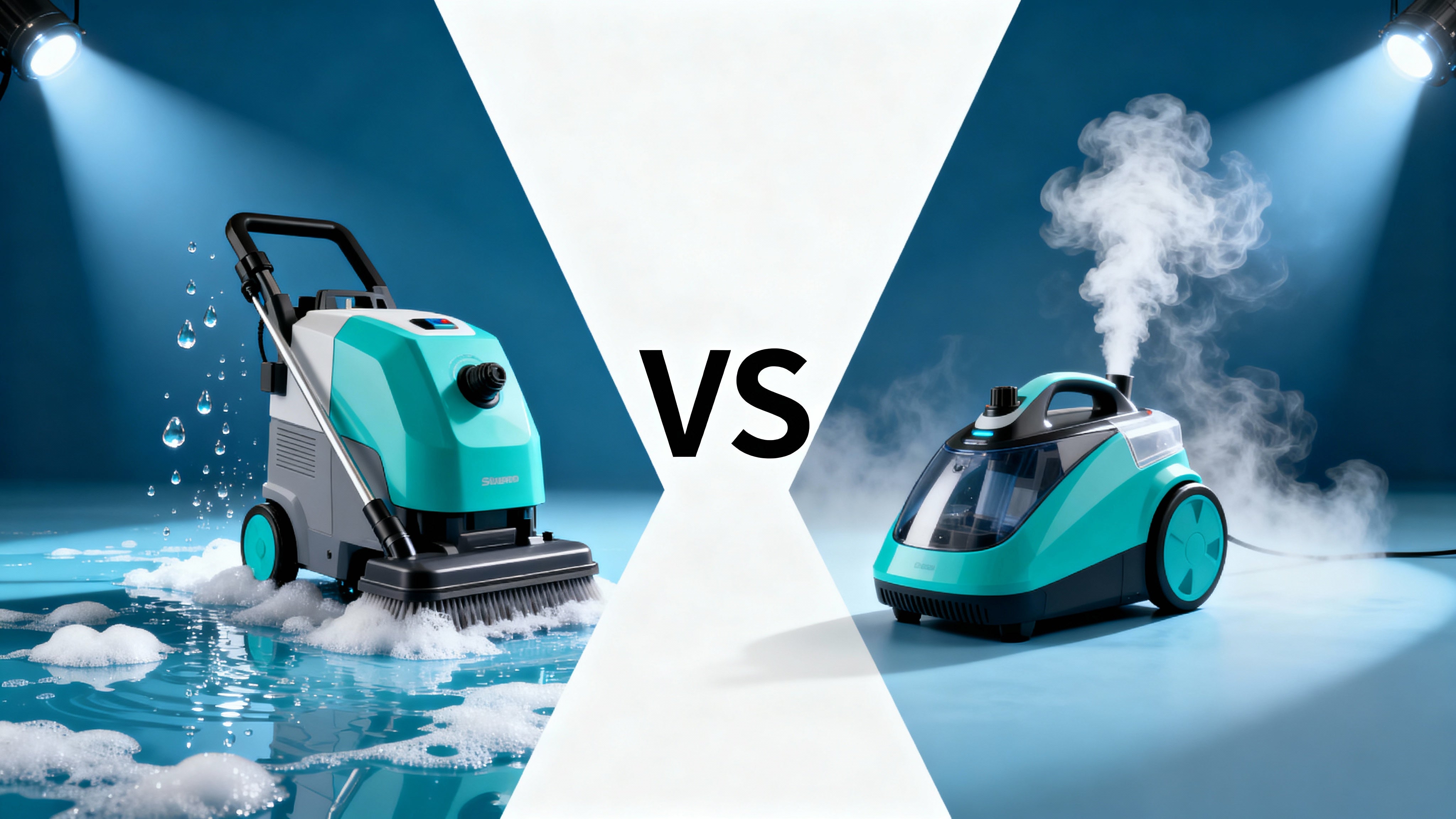 Comparatif visuel shampouineuse versus nettoyeur vapeur pour location en Martinique – effet mousse à gauche, vapeur à droite, style professionnel